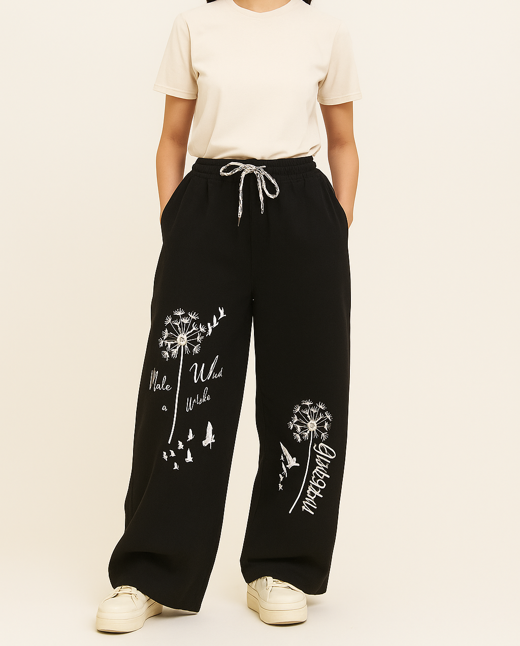 womens elegant black wide leg pants white floral pattern