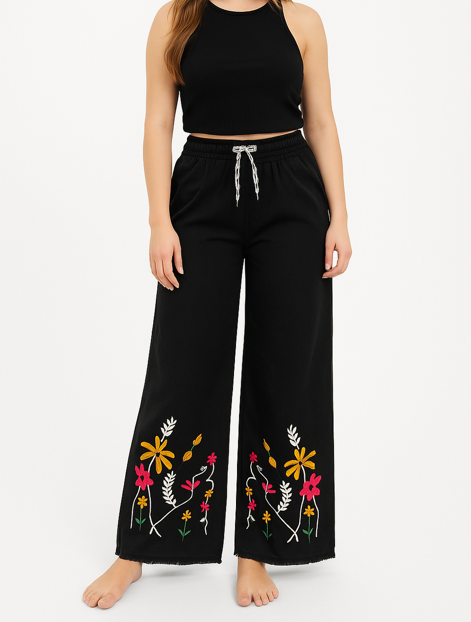 Buddha Stones Black Summer Plain Ethnic Embroidery Cotton Linen Drawstring Women's Pants With Pockets