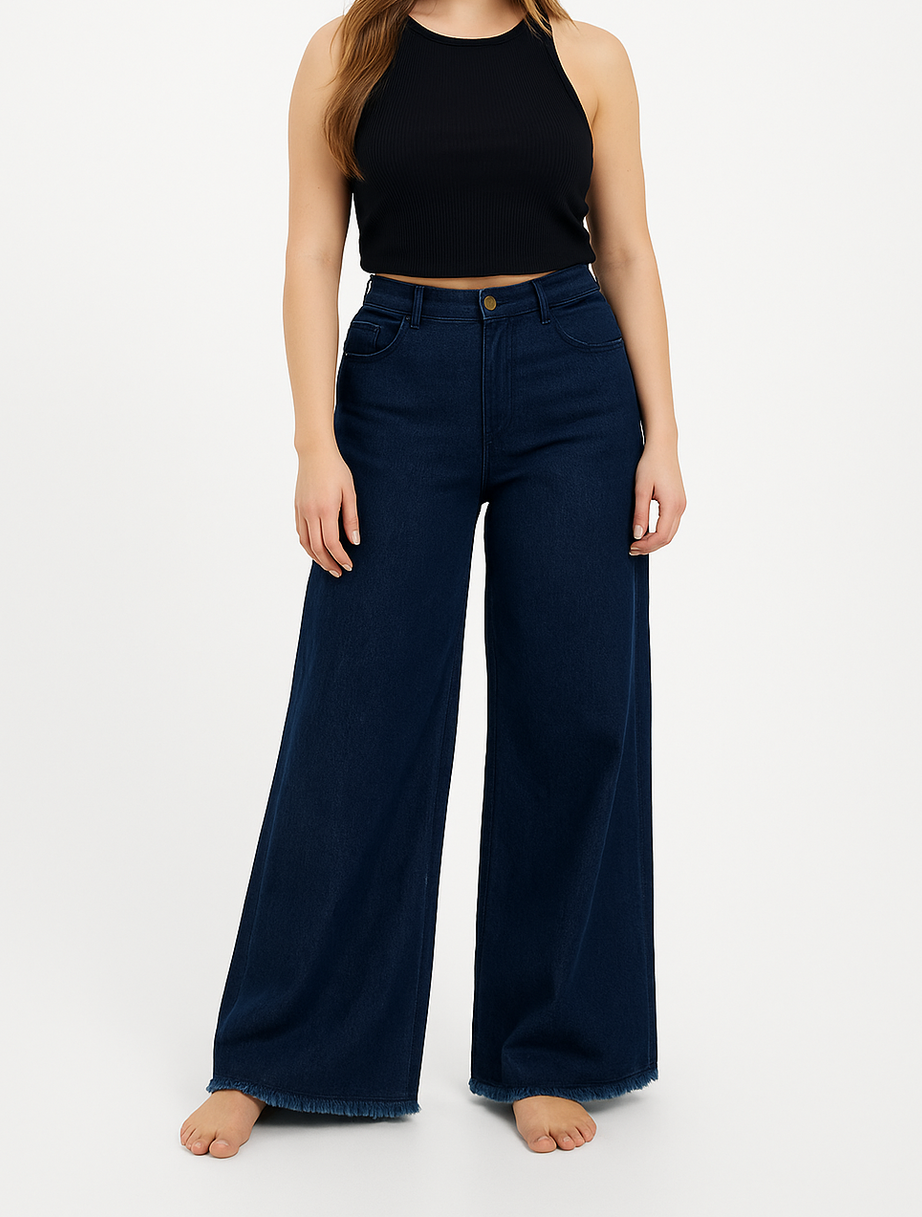 Dark Blue Wide Leg Open Bottom Ladies Jeans, comfort stretch Denim